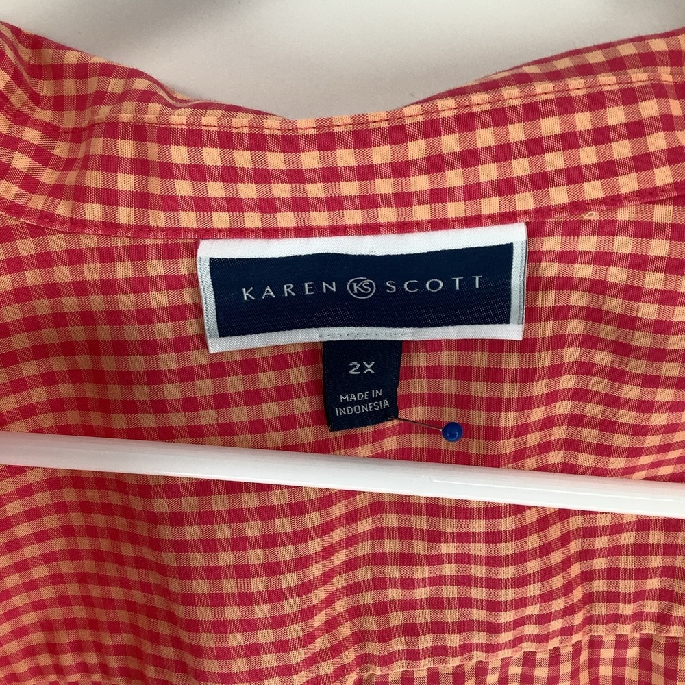 Karen‎ Scott 2X orange Gingham Plaid Button Up Shirt Womens Plus
